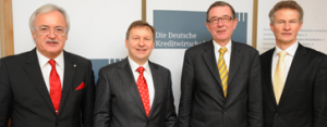 Pressegespräch der Deutschen Kreditwirtschaft - v.l.n.r.: Werner Netzel DSGV, Dr. Andreas Martin BVR, Dr. Hans-Joachim Massenberg BdB und Wolfgang Mücher EDEKA. Quelle: BVR